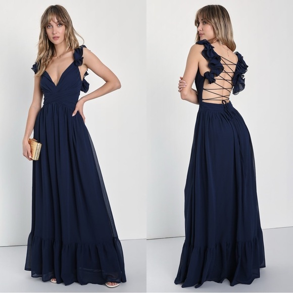 Size S - Lulus Soiree Celebration‎ Navy Blue Ruffled Lace-Up Maxi Dress - Picture 1 of 7